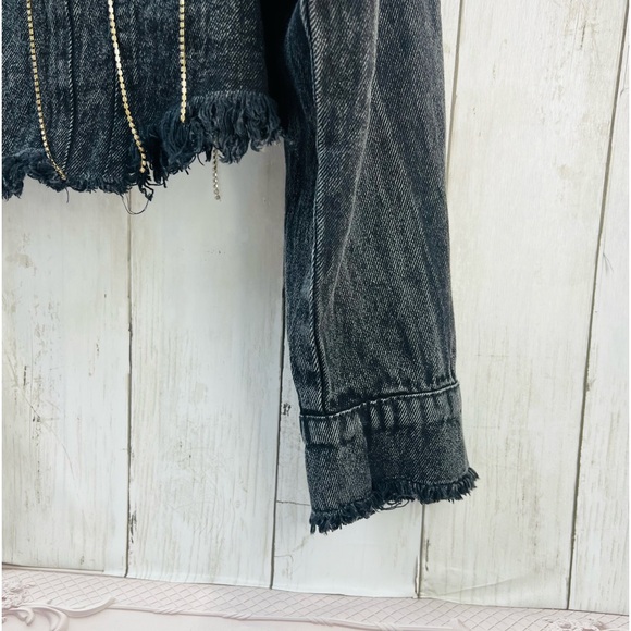 Thrill Jeans Y2K Women's Dark Gray Rhinestone Tassels Cropped Denim Jacket Large - Picture 9 of 15